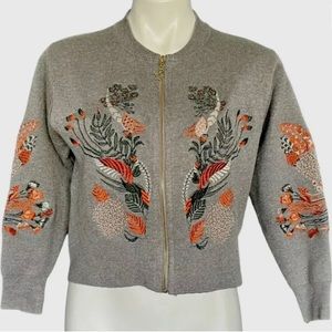 Tao Ye Dian Sweater Gray Long Sleeve Embroidered Zip Up Sweater Size Small